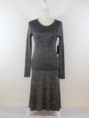 RACHEL Rachel Roy Marled Black 2-Piece Long Sleeve Knit Shirt Midi Skirt Set NWT